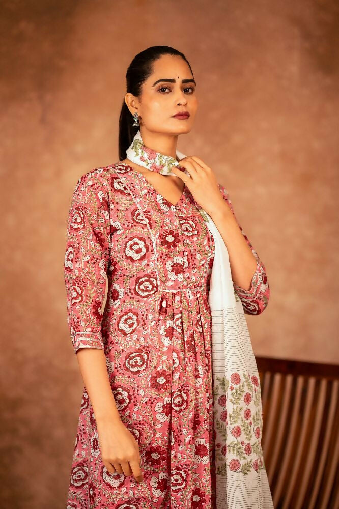 Pink Hand Block Printed Cotton Suit Set for Women