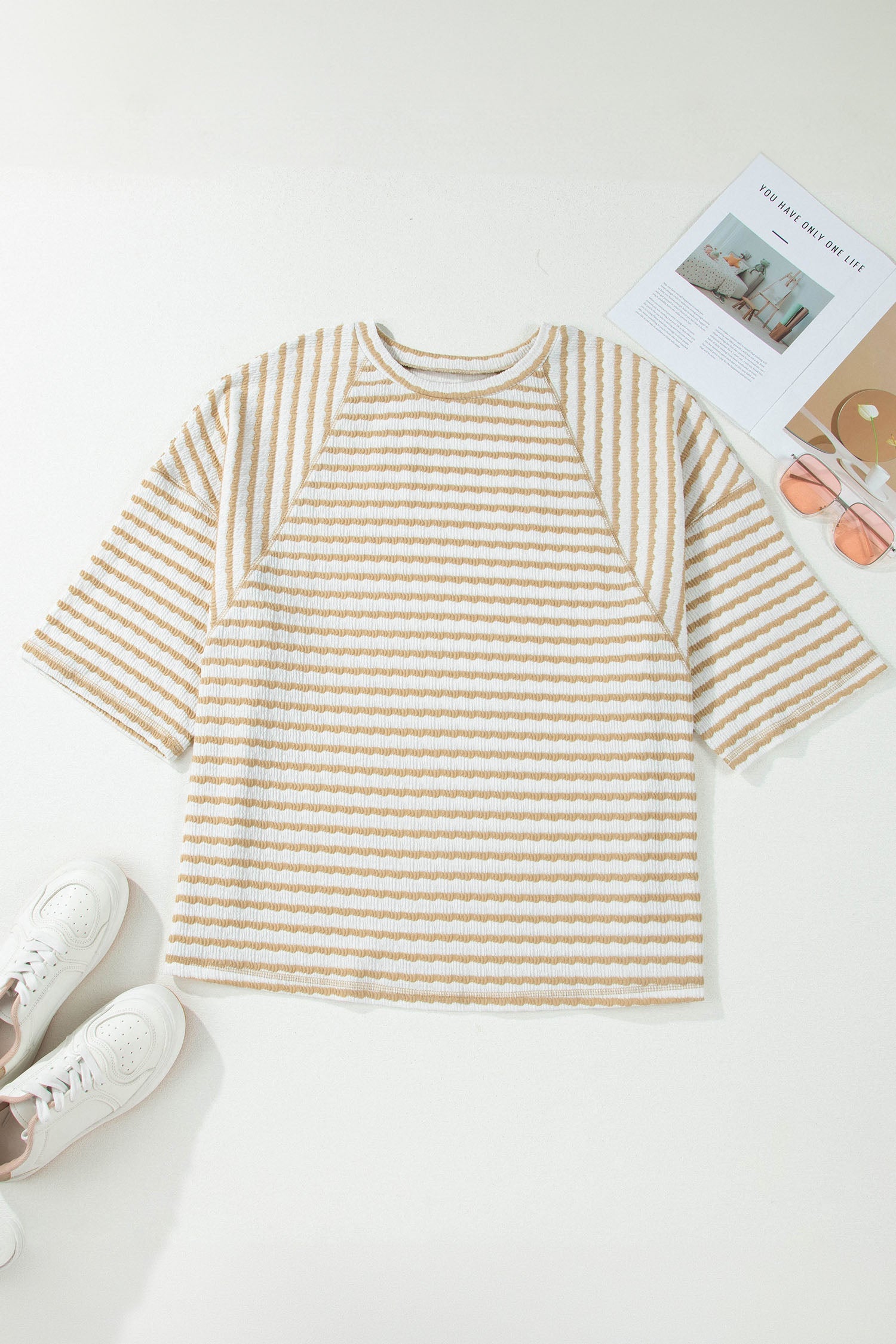 Liv Detail Half Sleeve Striped Knit Top - White & Tan