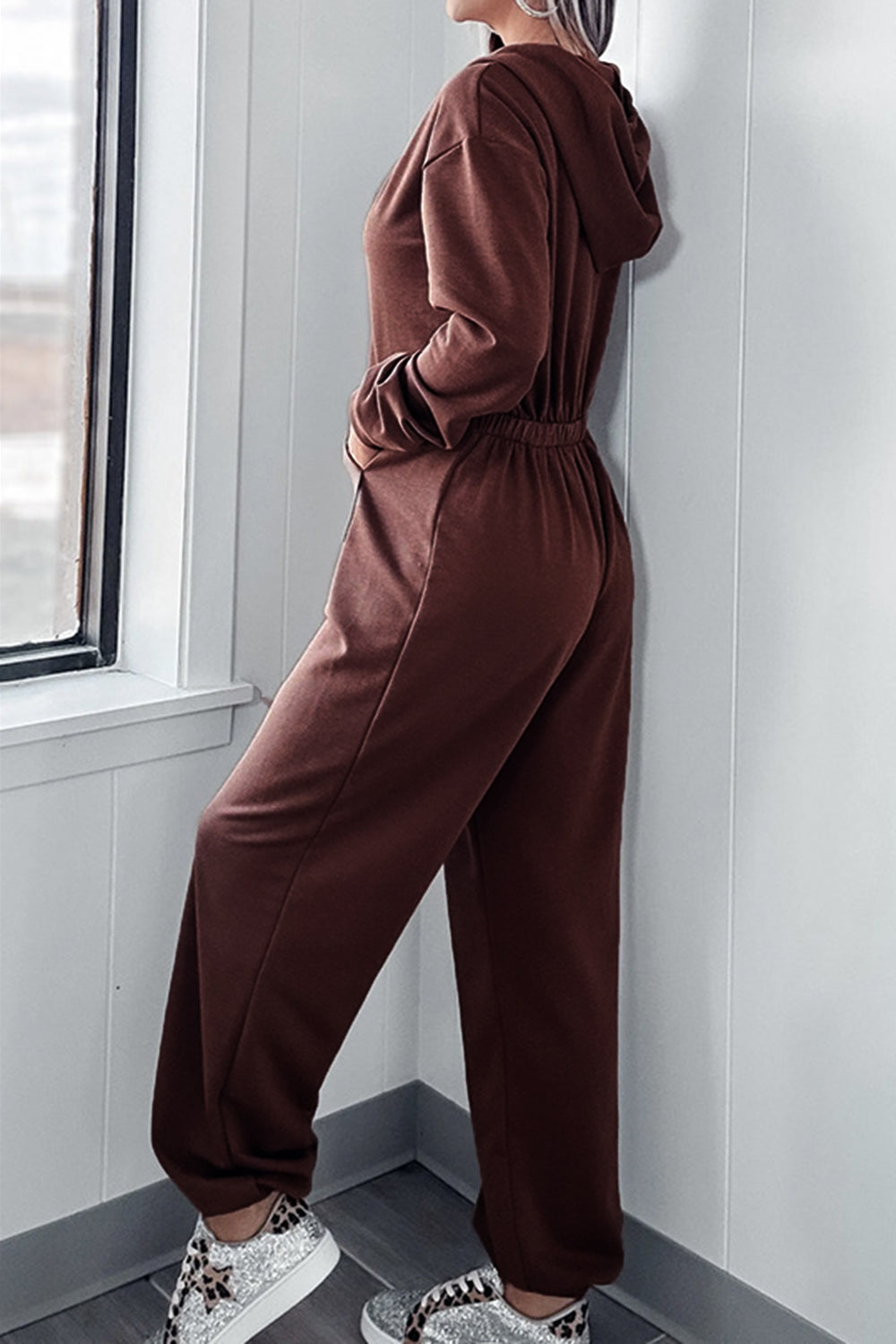 Women's Grey Long Sleeve Hooded Jumpsuit with Drawstring Waist - Image 5
