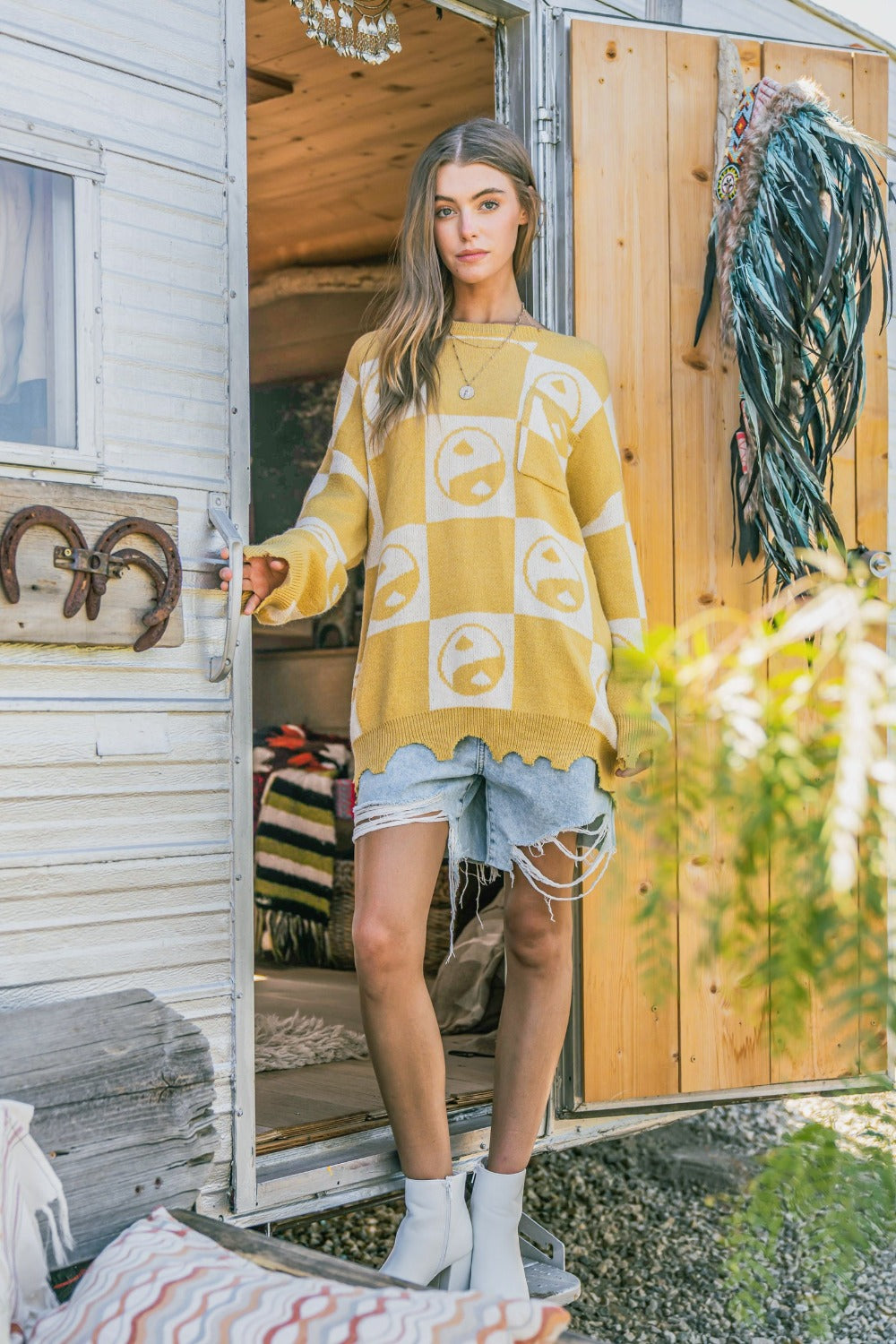 Yellow Yin Yang Checkerboard Knit Pullover Sweater - Image 6