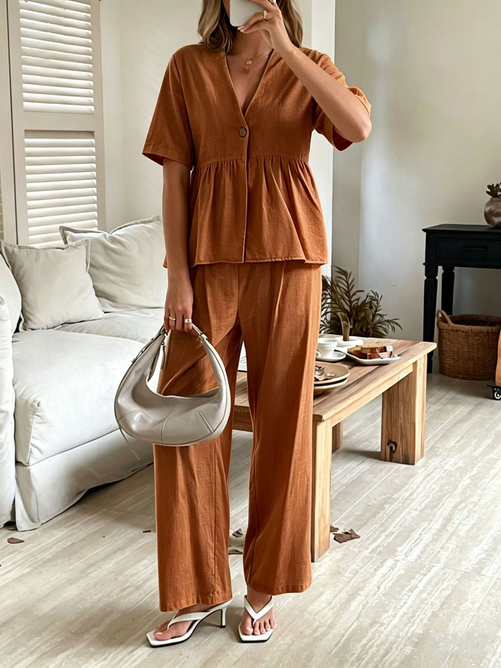 Women's V-Neck Peplum Top and Wide-Leg Pants Two Piece Set - Image 6