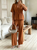Women's V-Neck Peplum Top and Wide-Leg Pants Two Piece Set - Image 6