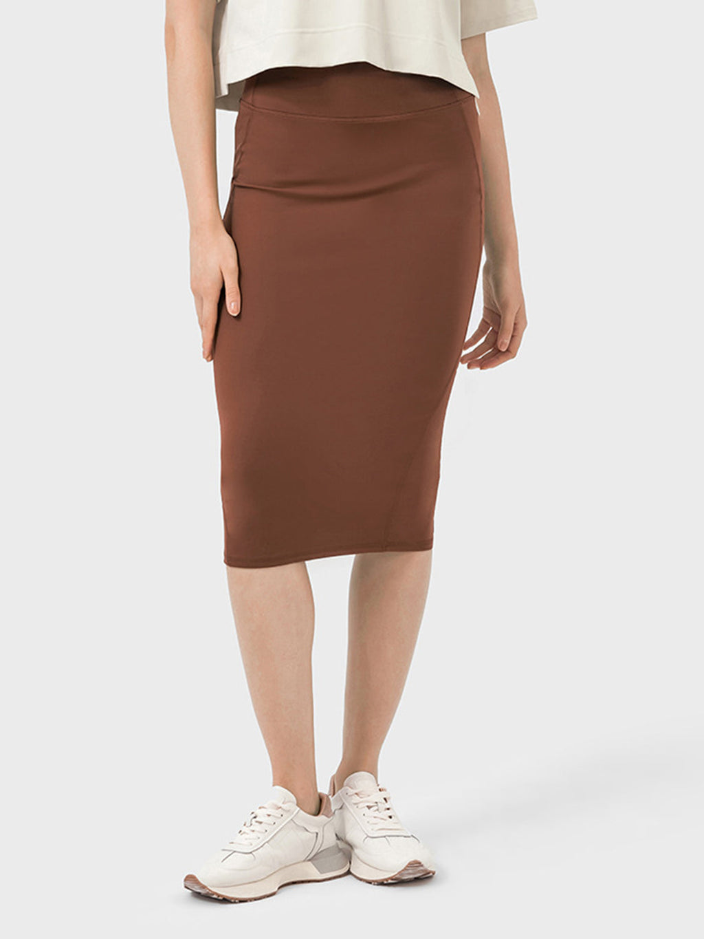 Brown Slit Wrap Active Skirt Stretchy Midi Athletic Skirt - Image 4