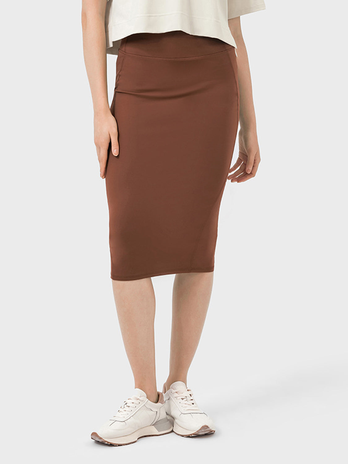 Brown Slit Wrap Active Skirt Stretchy Midi Athletic Skirt - Image 4