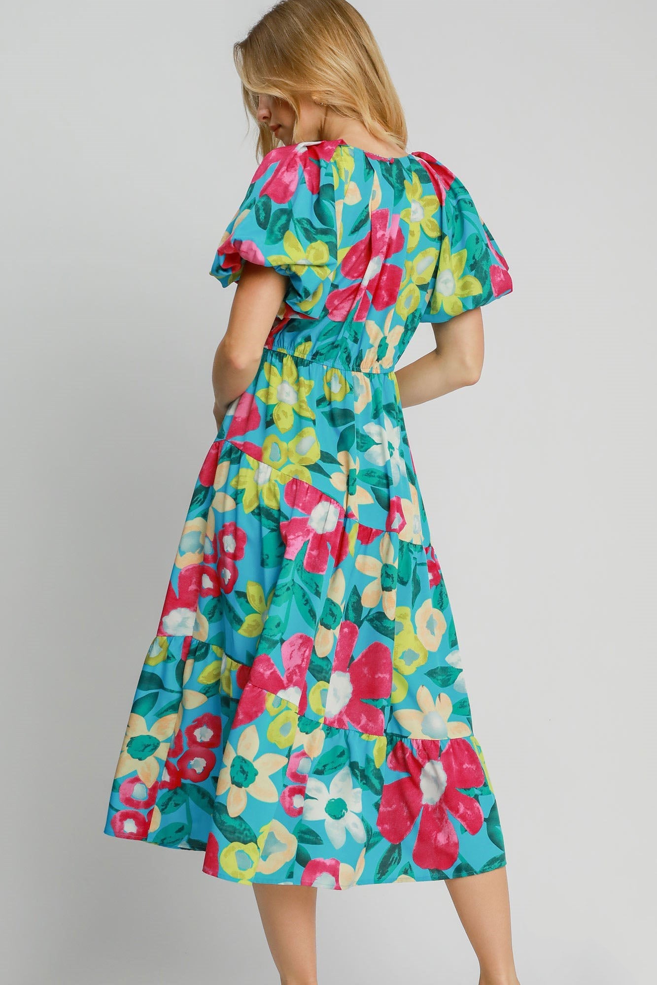 Floral Print Puff Sleeve Midi Dress with Tiered Flowy Hem