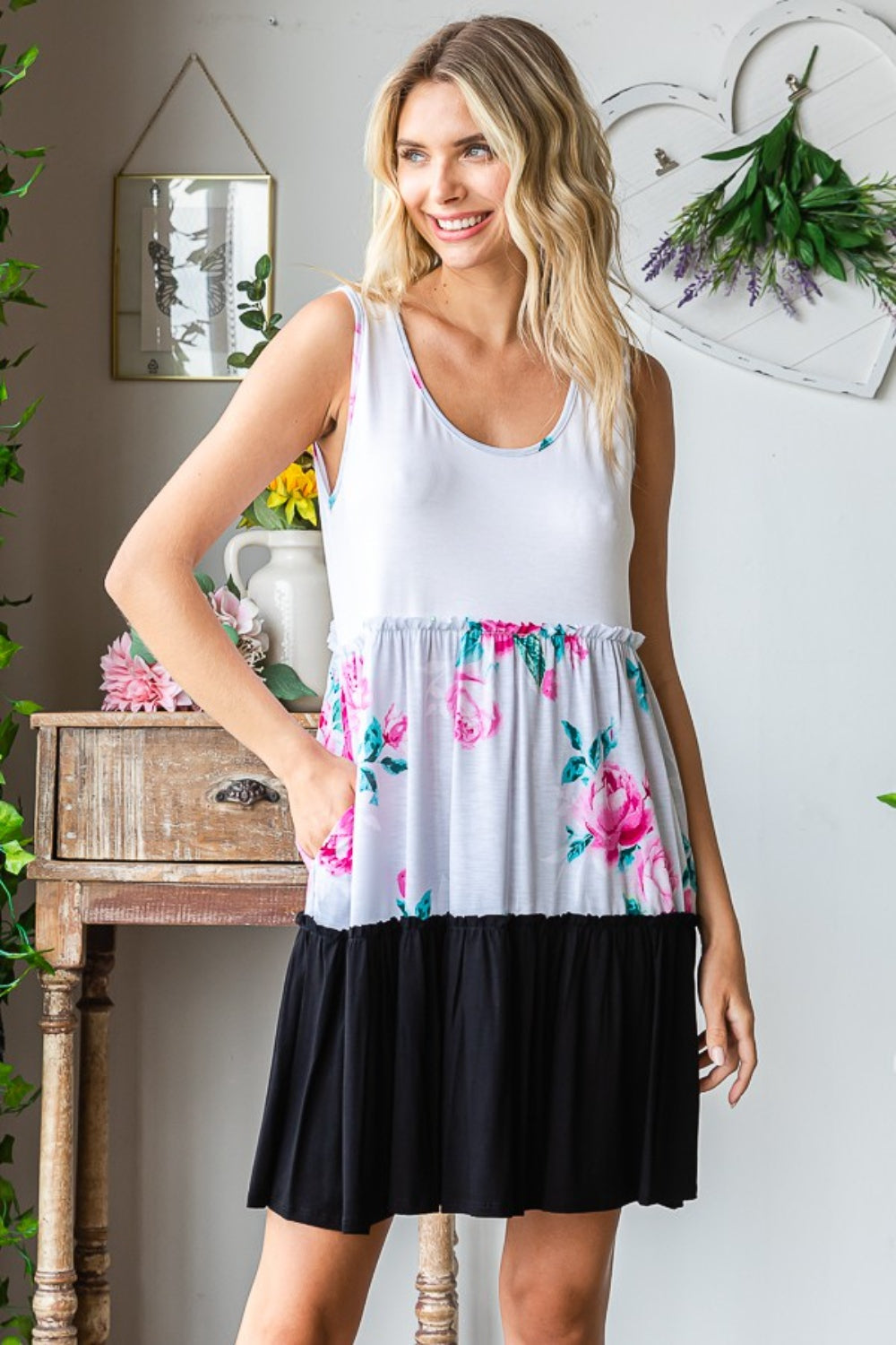 Floral tiered frill dress with scoop neckline