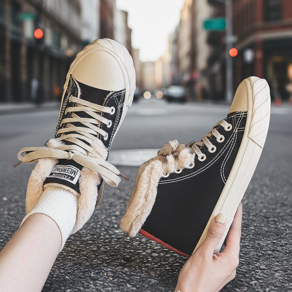 Women's Black Fleece-Lined High-Top Canvas Winter Sneakers - Image 2