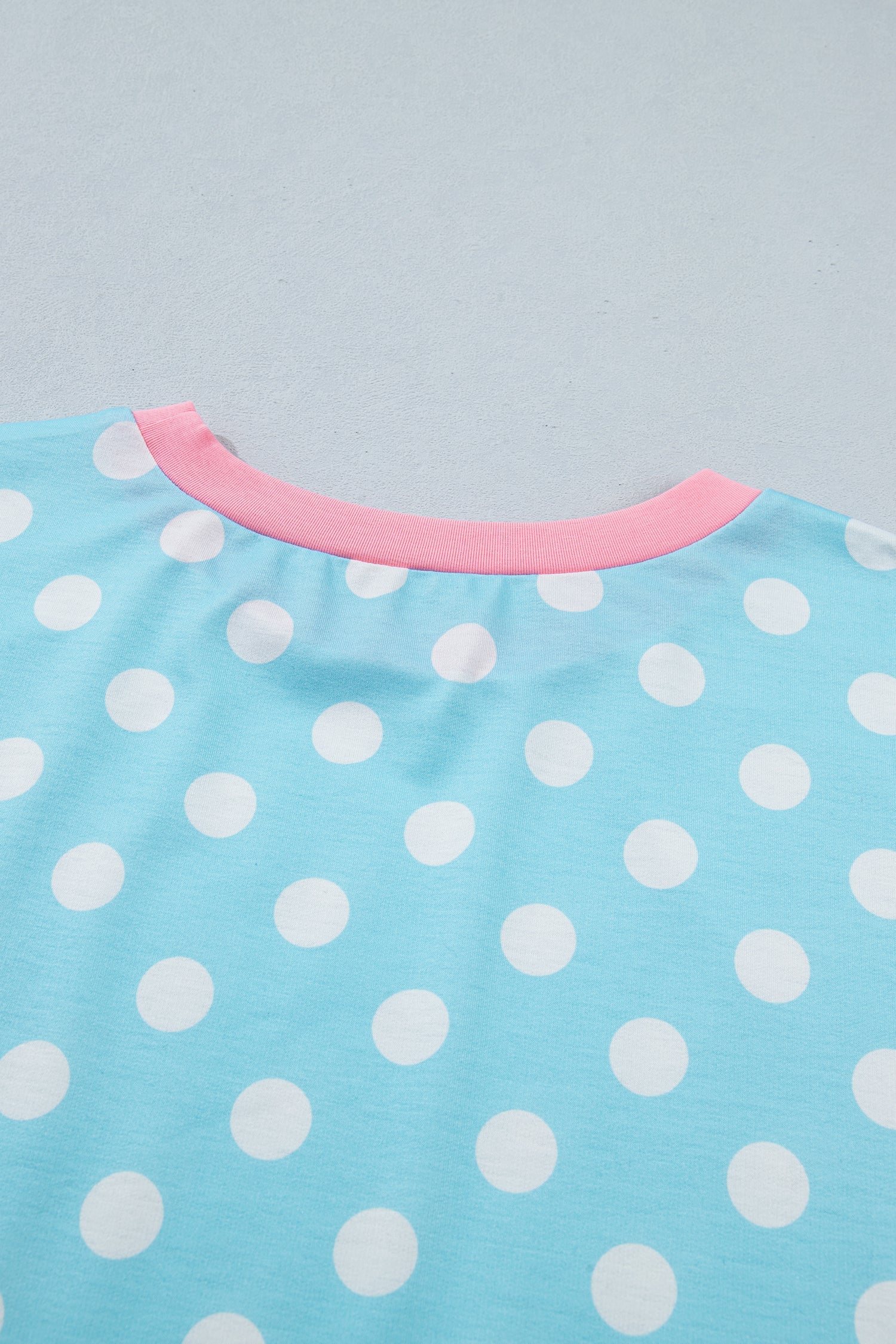 Polka Dot Short Sleeve Lounge Set with Pink Trim in Light Blue