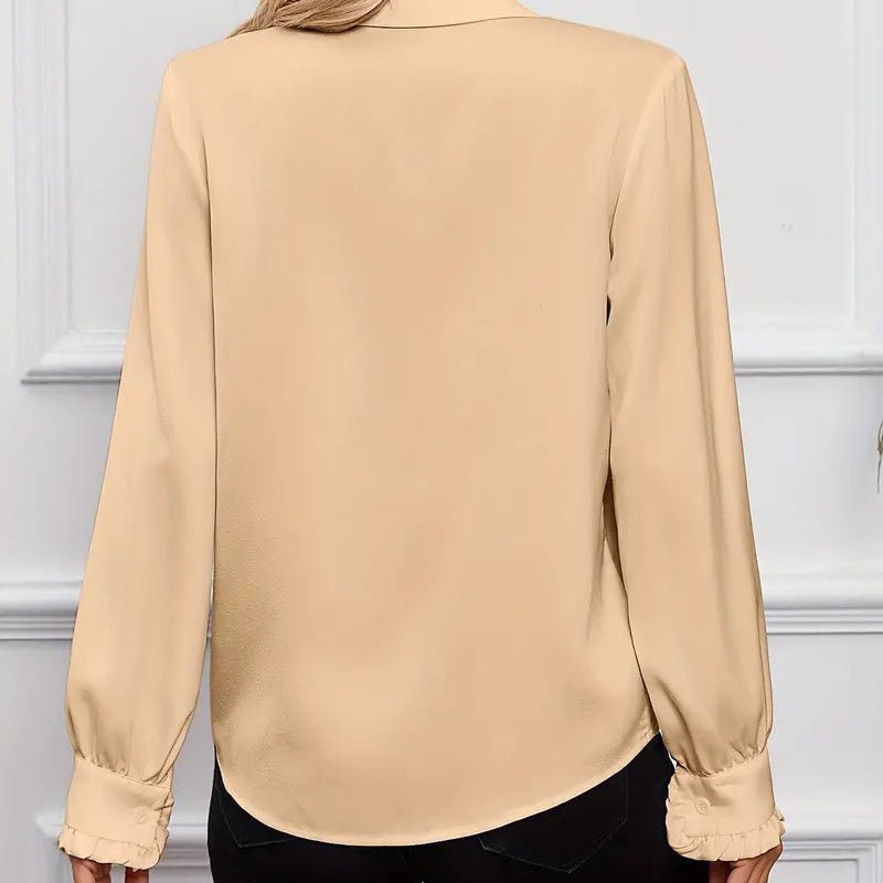 Women Ruffled Collared Long Sleeve Blouse Dressy Work Top
