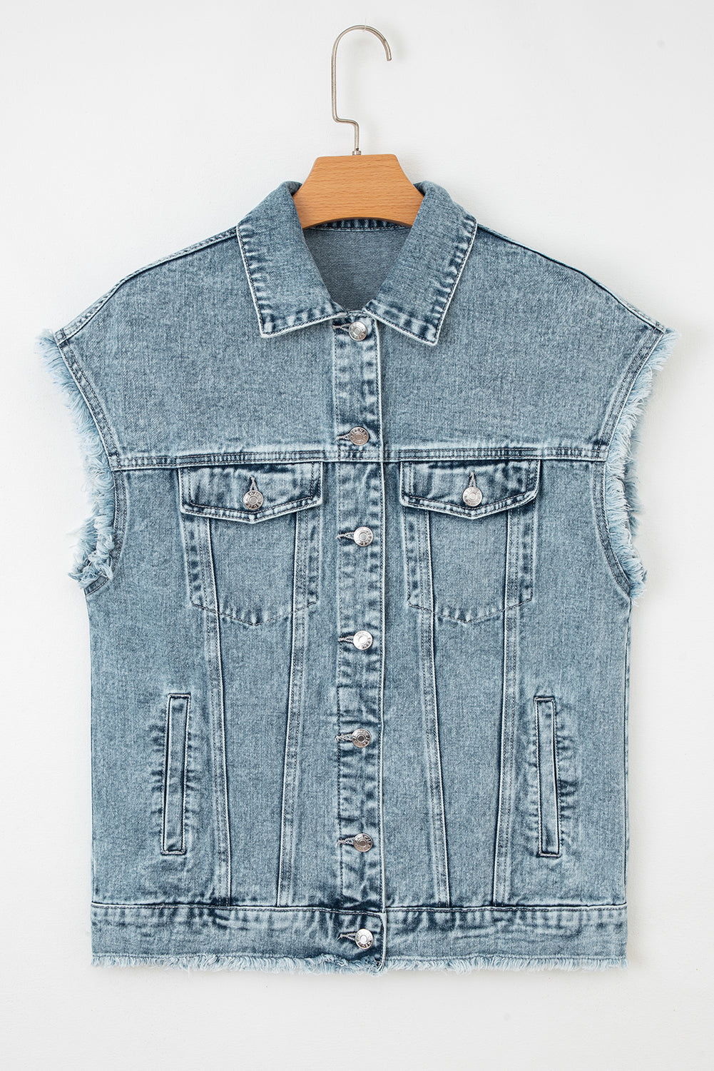 Denim Button Flap Pocket Frayed Vest