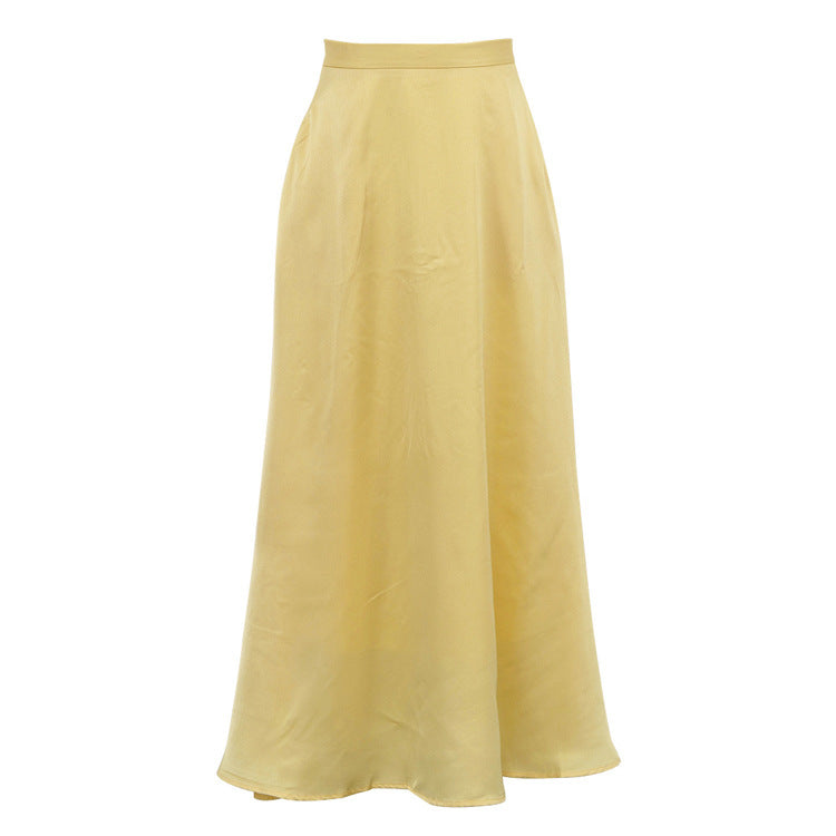 Yellow Polyester Satin Draping Hip Skirt with Zipper Closure
