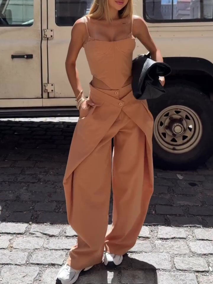 Spaghetti Strap Corset Top and Wide-Leg Pants Set in Camel - Image 8