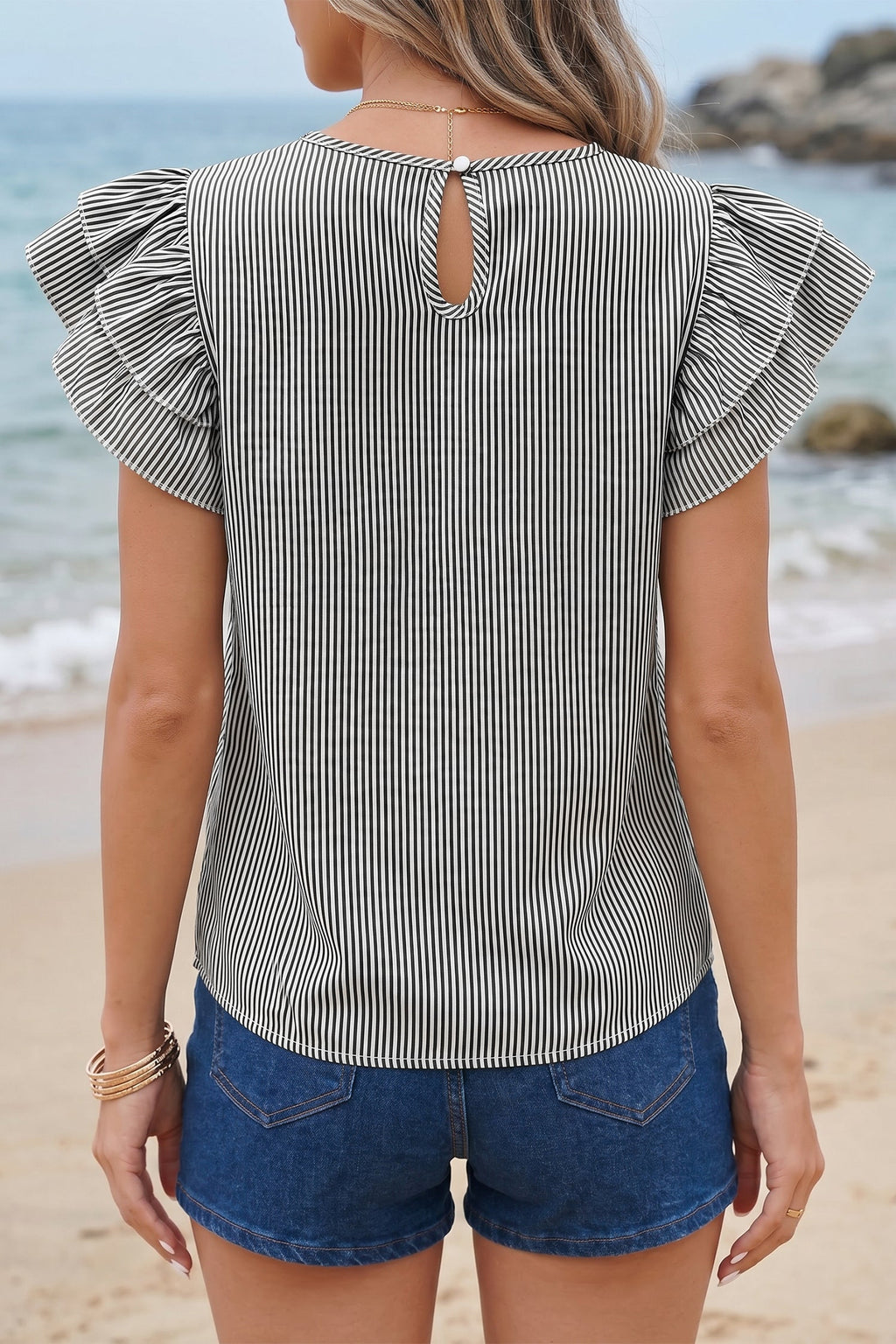 Brynn Striped Shift Blouse with Ruffle Sleeves in White & Black