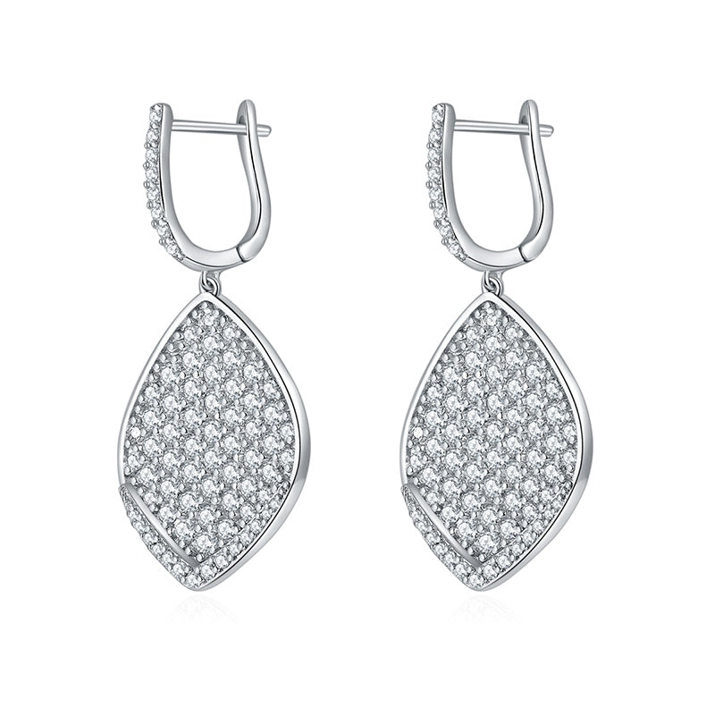 Elegant leaf-shaped S925 sterling silver and moissanite dangle earrings in a luxury gift box.