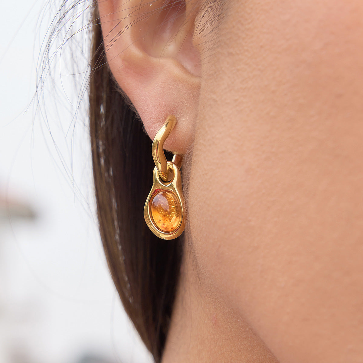 Amber Resin Geometric Drop Earrings in Gold Tone