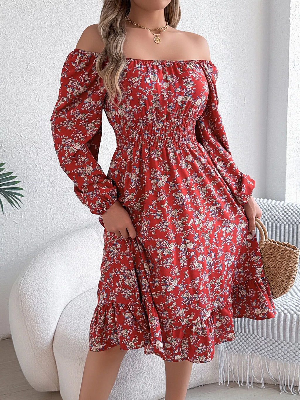 Floral Print Long Sleeve Square Neck Midi Dress