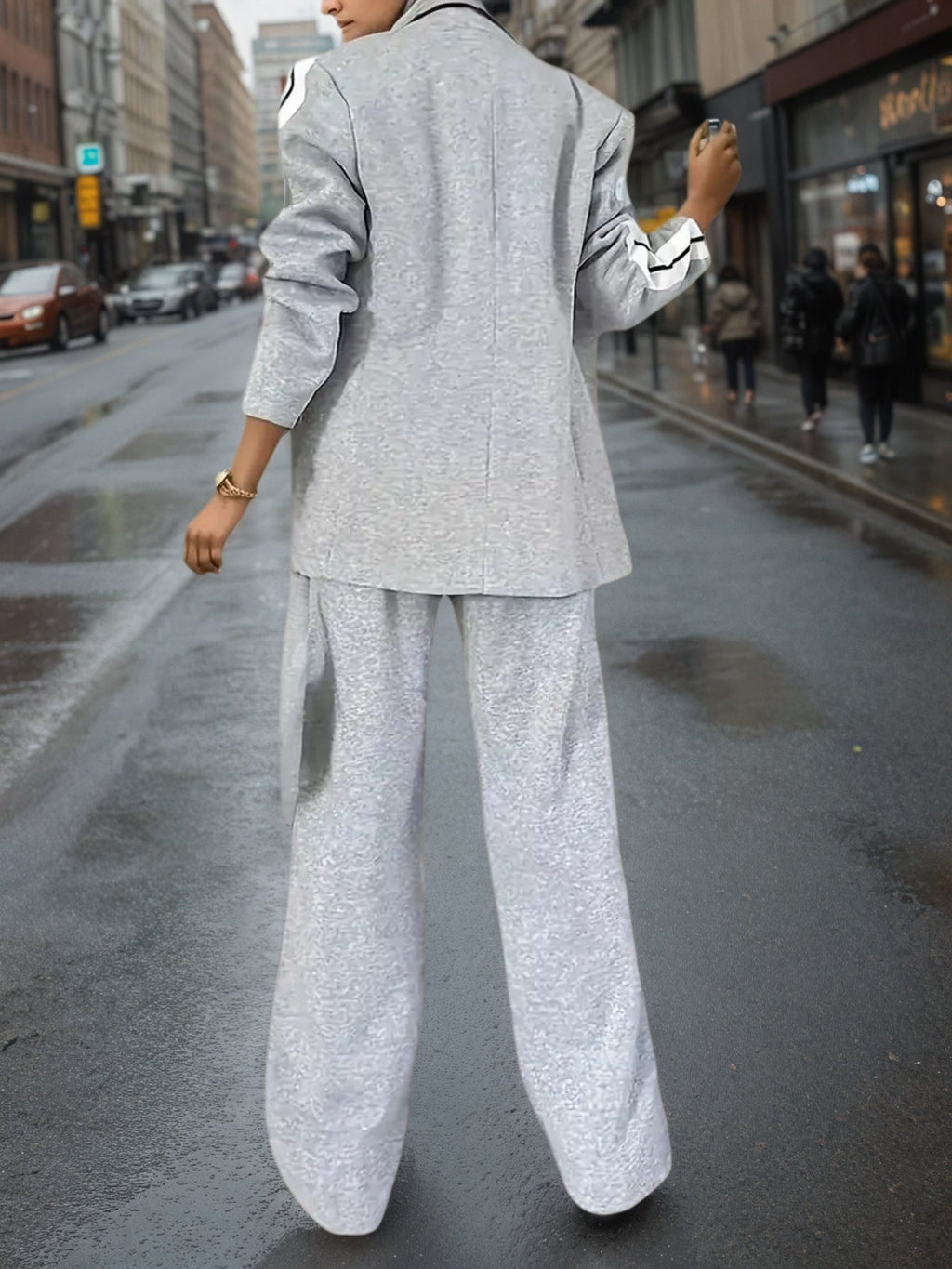 Women's Elegant Gray Flannel Suit Set with Athletic Stripe Trim - Image 2