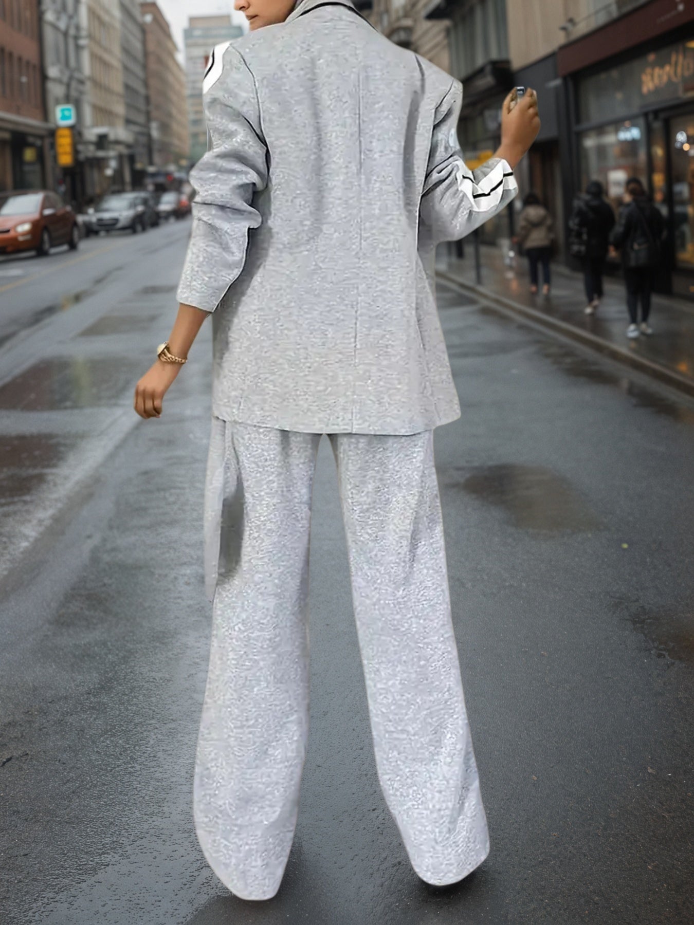 Women's Elegant Gray Flannel Suit Set with Athletic Stripe Trim - Image 2