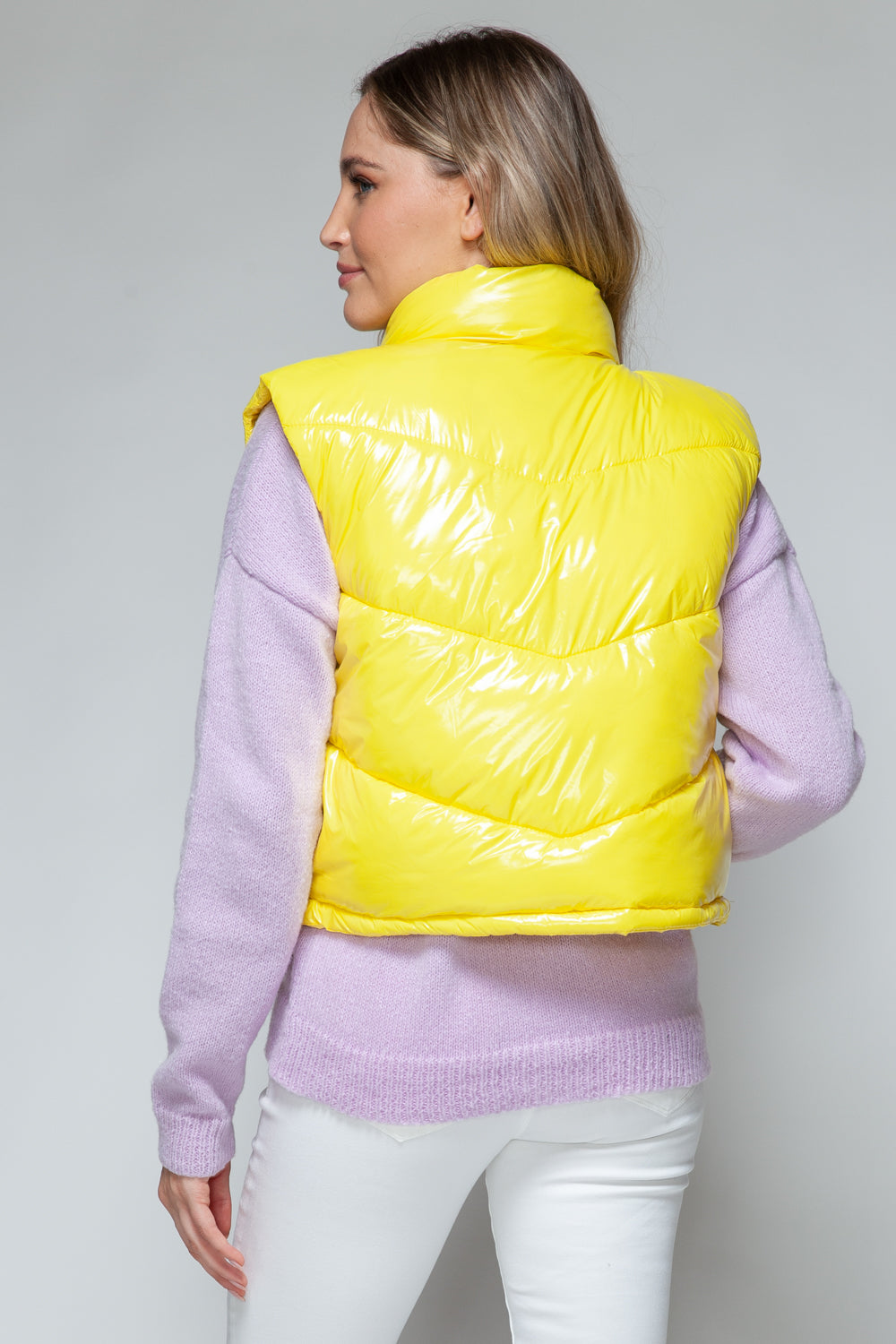 Women's Shiny Yellow Quilted Zip-Up Turtleneck Vest - Image 3