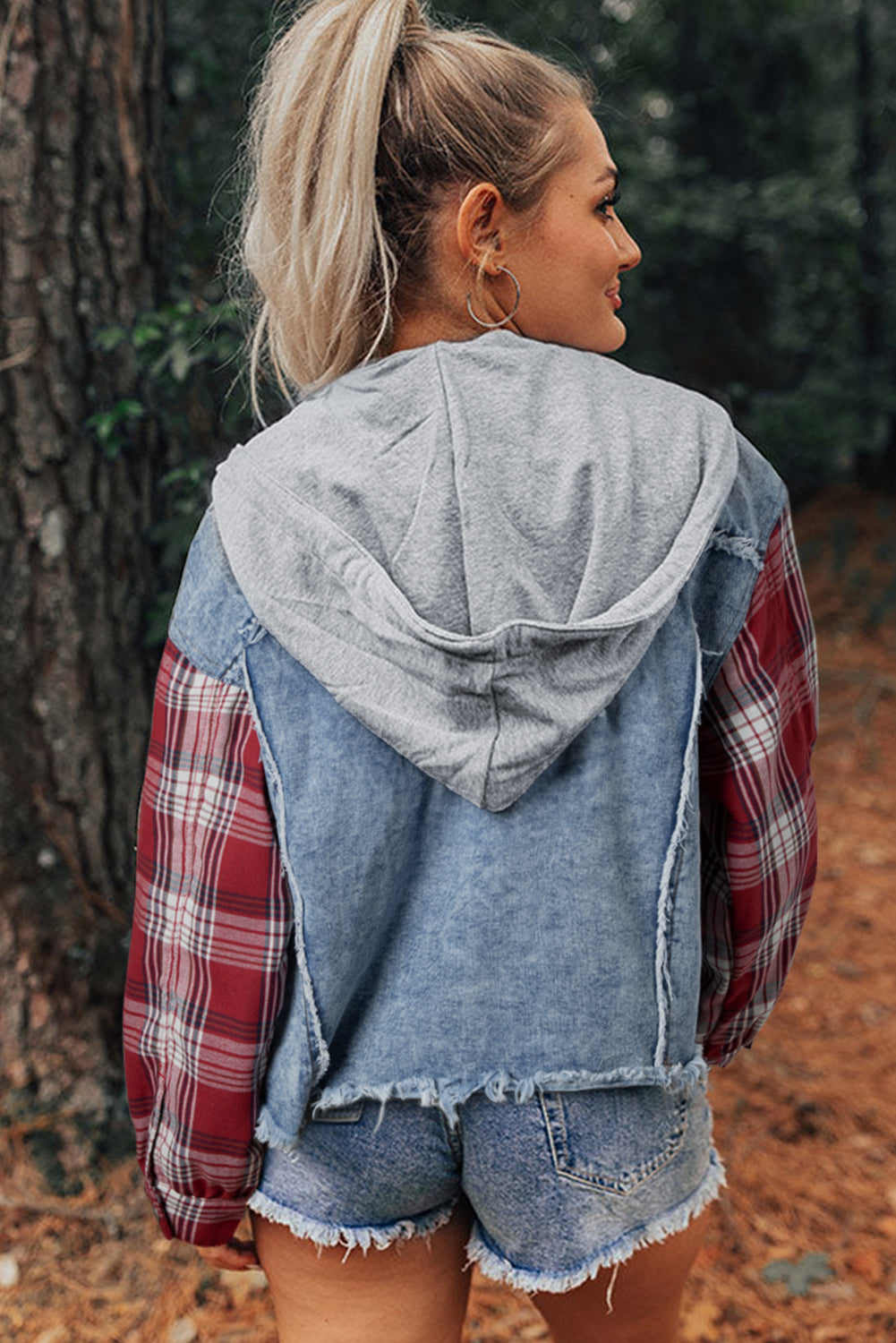 Plaid Patchwork Hooded Denim Jacket with Distressed Hem