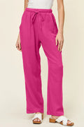 Texture Drawstring Straight Pants Cotton Comfort