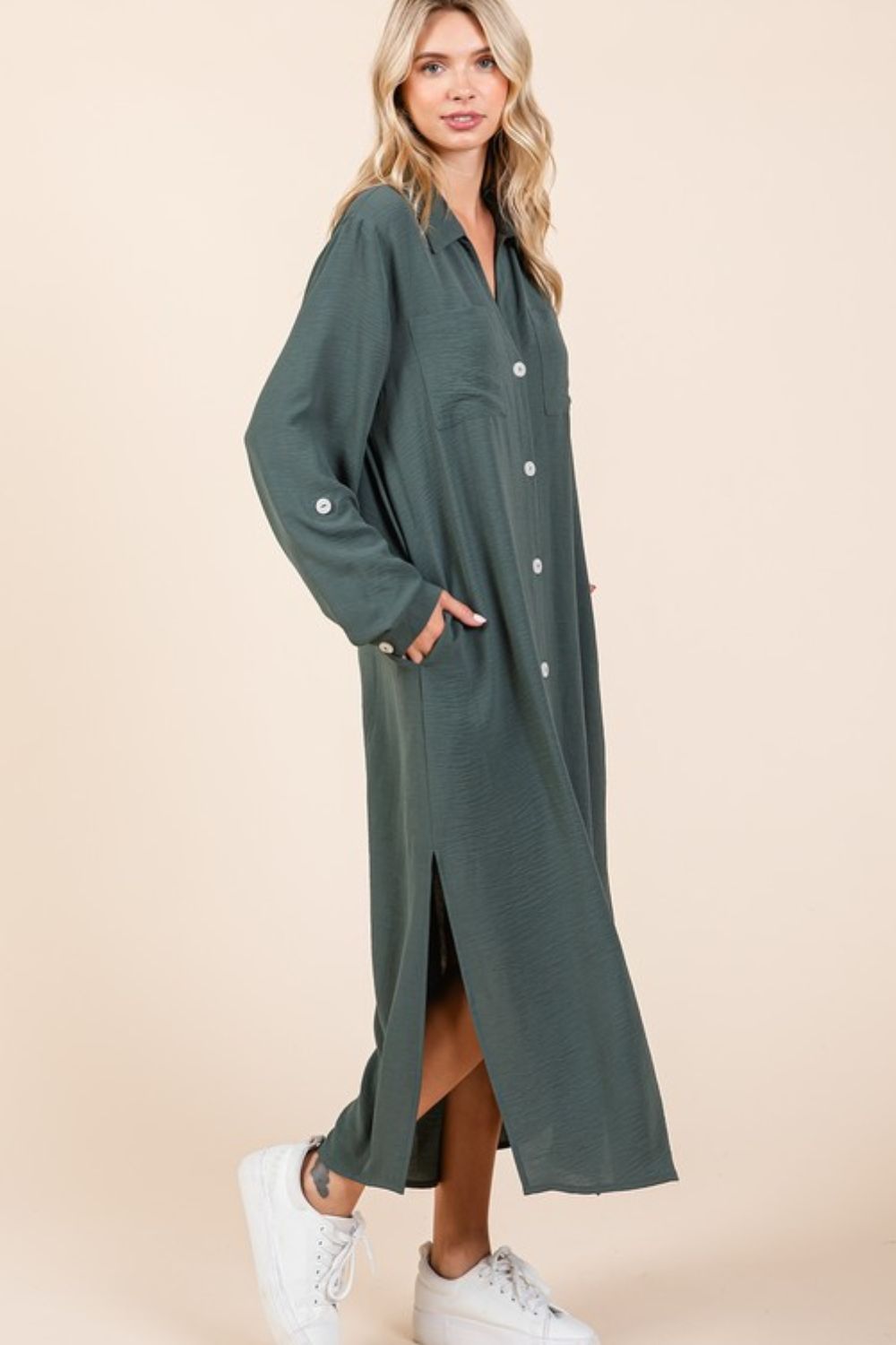 Airflow V-Neck Long Sleeve Button Down Maxi Dress