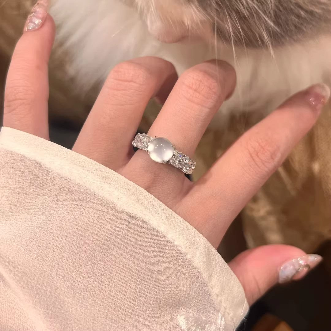 Fashion Luxury Sailor Moon Chalcedony Open Ring For Women, Micro-set Zircon, Elegant Sparkling Band