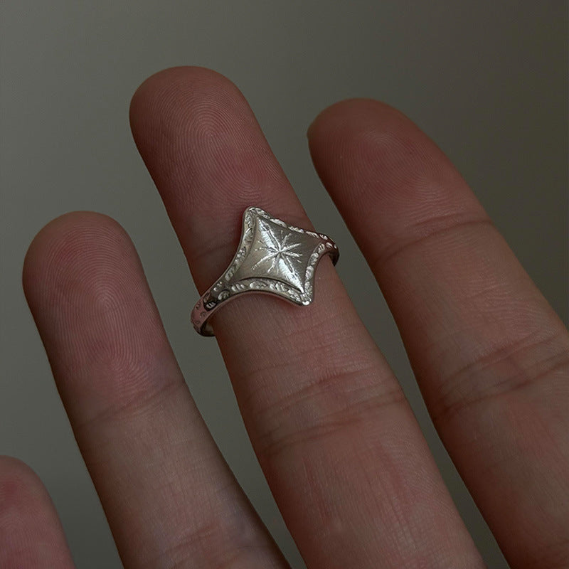 Vintage Cold Style Silver Brushed Star Ring, Retro Fashion All-Match Personalized Heavy Carved Gold Index Finger Ring
