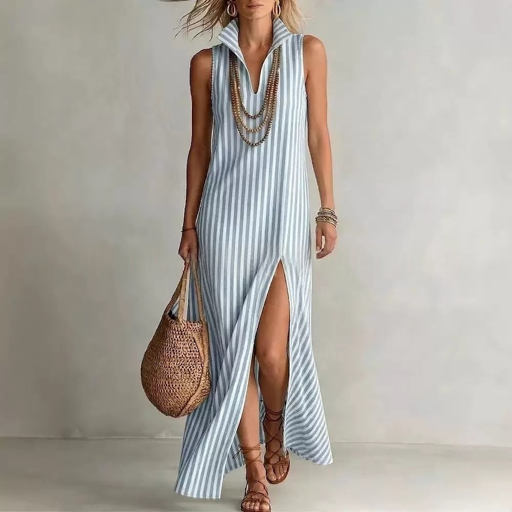 Striped Stand Collar Sleeveless Maxi Dress with Side Slit - Image 9