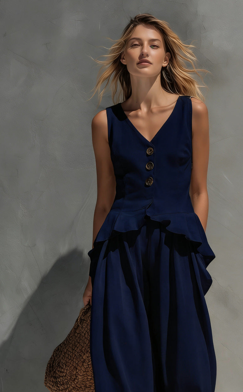 Women's Button-Front Peplum Top and Wide-Leg Pants Two-Piece Set - Image 7