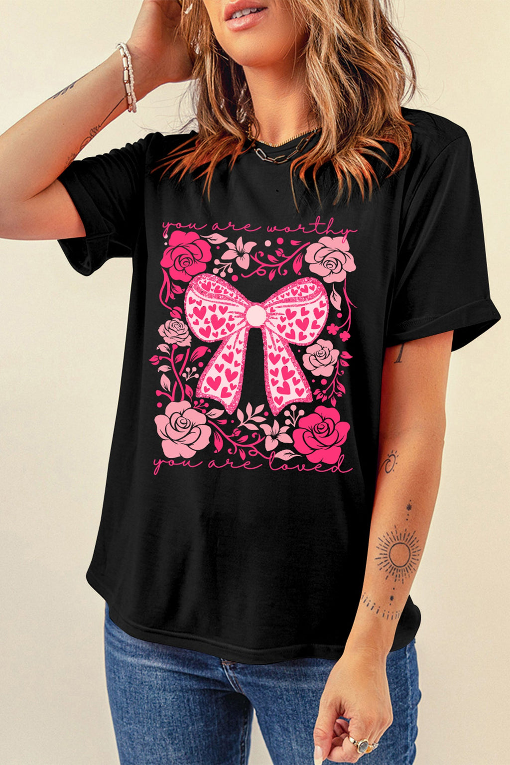 Black Floral Bow Valentine's Day Graphic T-Shirt