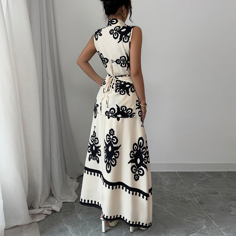 Sleeveless Floral Blouse and Lace-Up Mid-Length Skirt Set