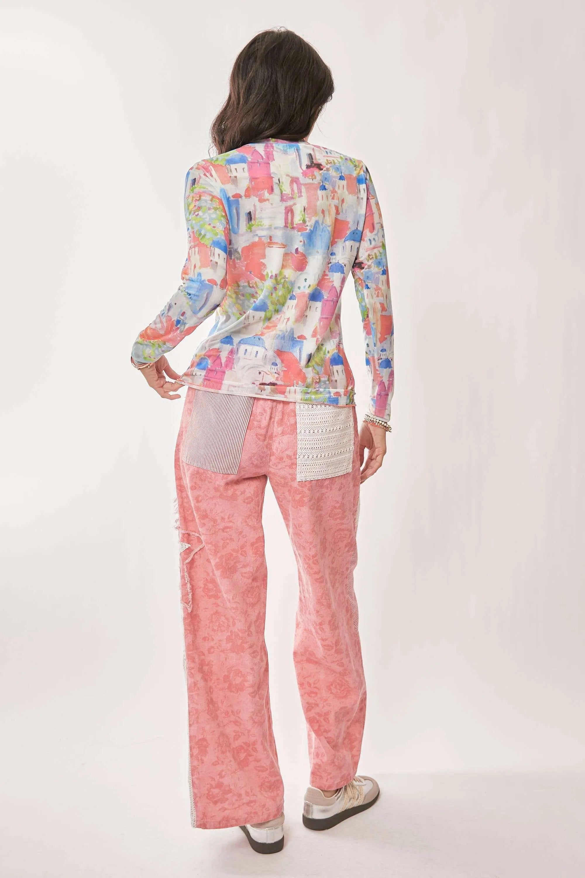 Davi & Dani Multi Printed Mesh Round Neck Long Sleeve Top
