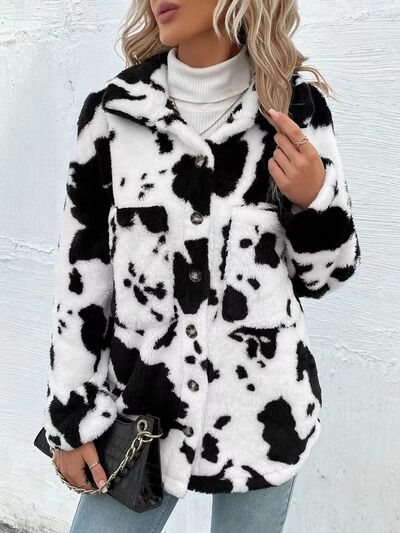Black and White Cow Print Fuzzy Collared Button Up Jacket
