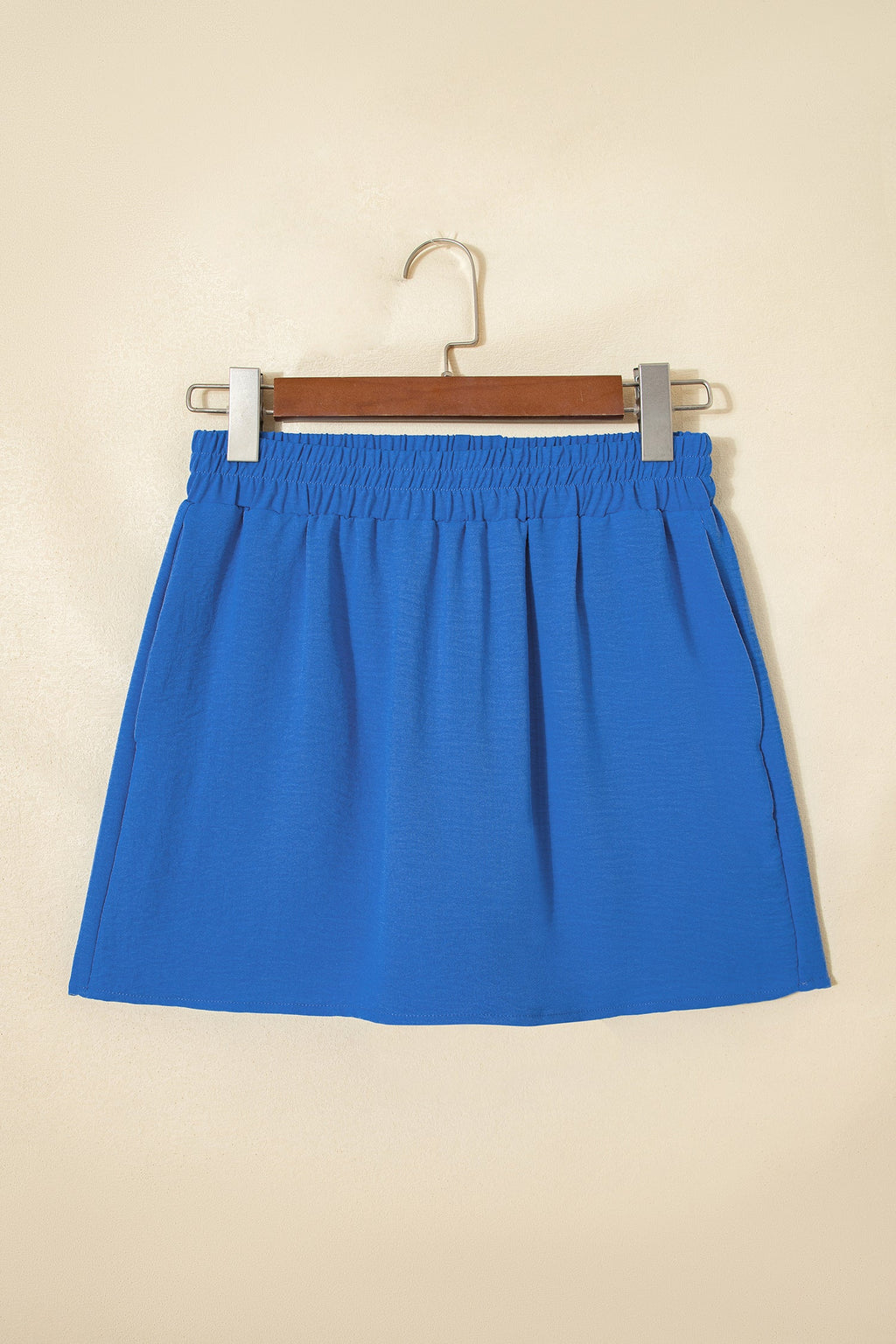 Blue Solid Crinkle Textured Elastic Waist Skort for Women