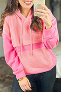 Pink Textured Color Block Drop Shoulder Kangaroo Pocket Hoodie
