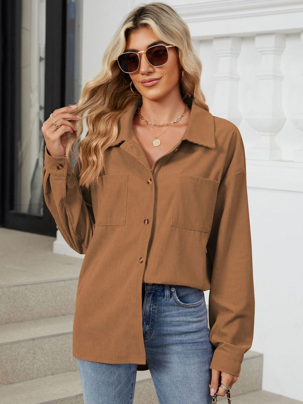 Rayon Button Up Dropped Shoulder Long Sleeve Shirt