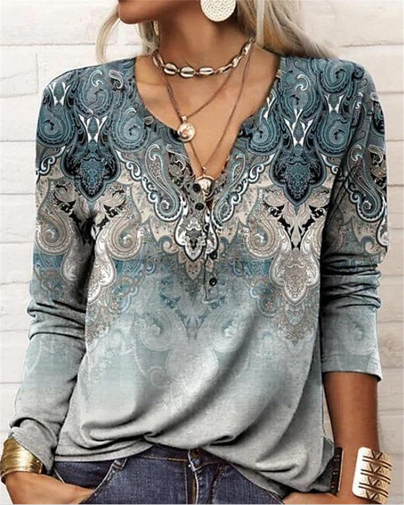 Women's Ethnic Print V-Neck Long Sleeve Henley T-Shirt - Image 7