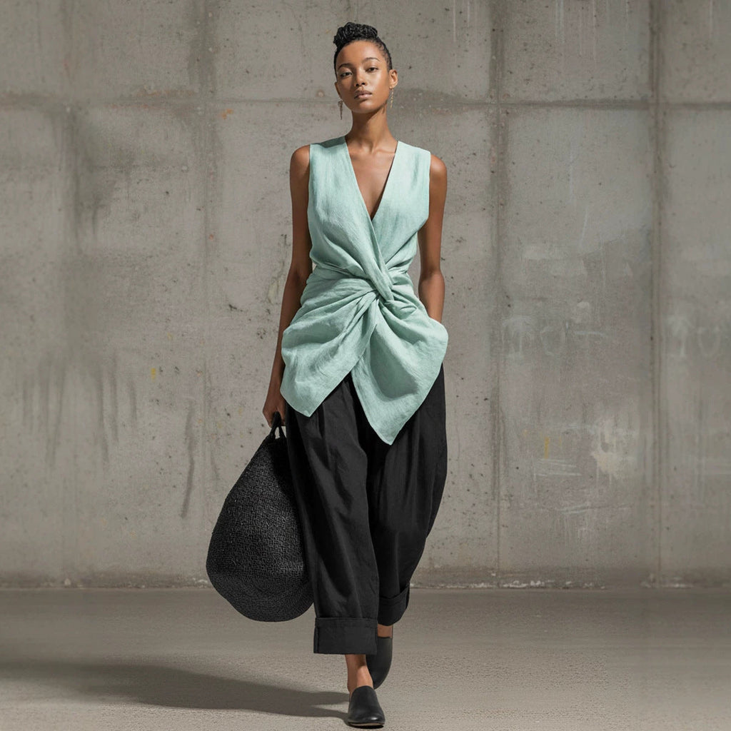 Women's Tie-Front V-Neck Sleeveless Top and Wide-Leg Pants Set - Image 2