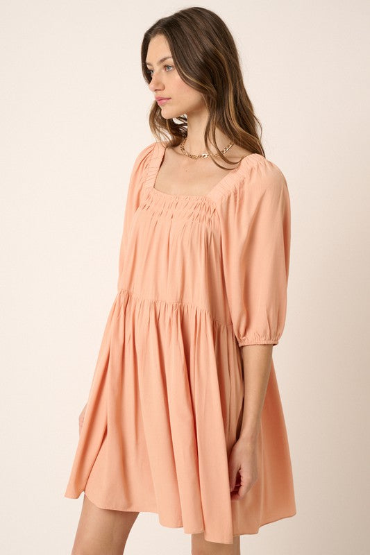 Pintuck Tie Back Mini Dress - Romantic Solid Cotton Summer Dress
