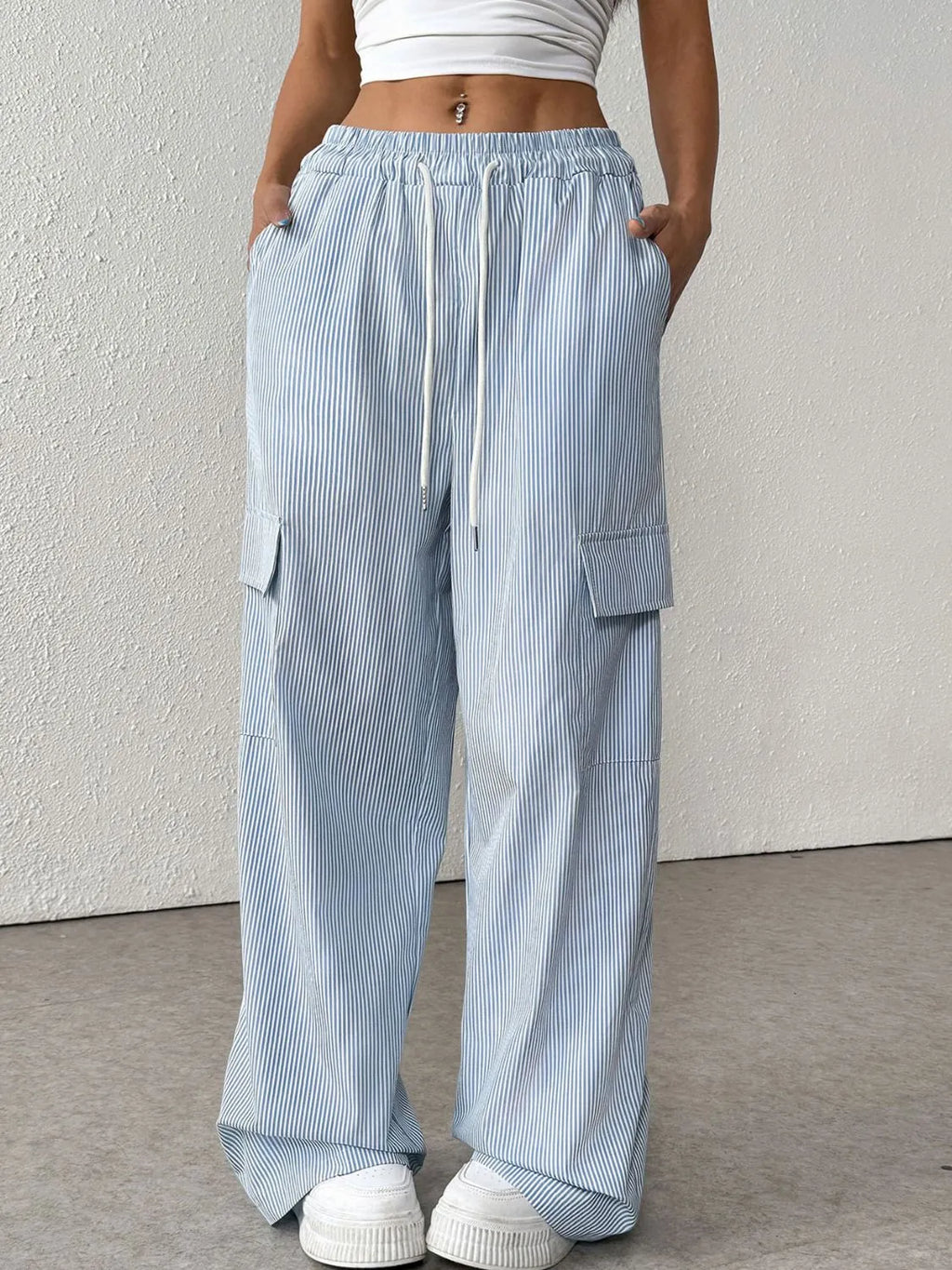 Drawstring Striped Wide Leg Cargo Pants