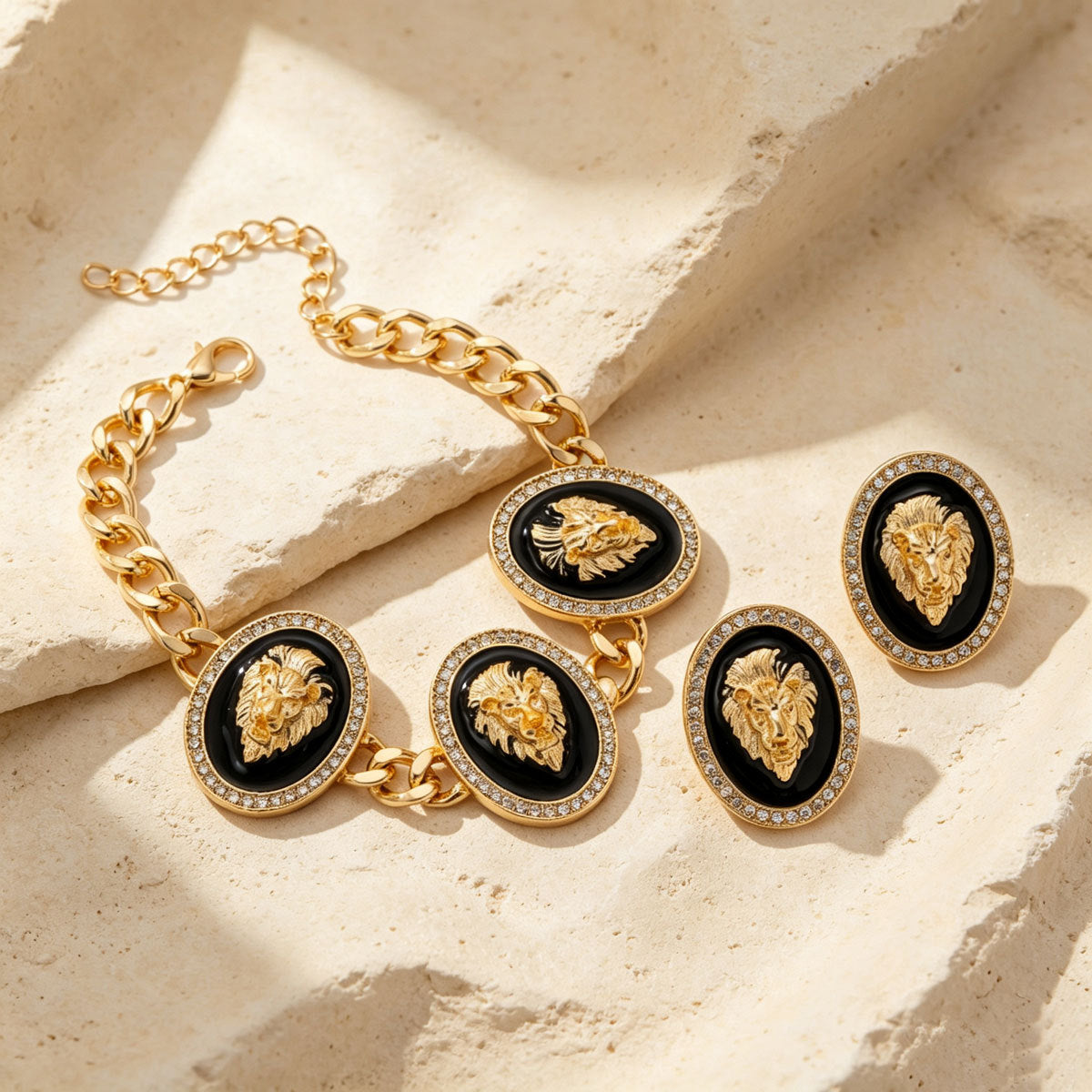Women Vintage Black Enamel Portrait Head Chunky Cuban CZ 3Pcs Jewelry Set, Matching Necklace Stud Earrings Bracelet Gold Plated Retro Evening Party Gift