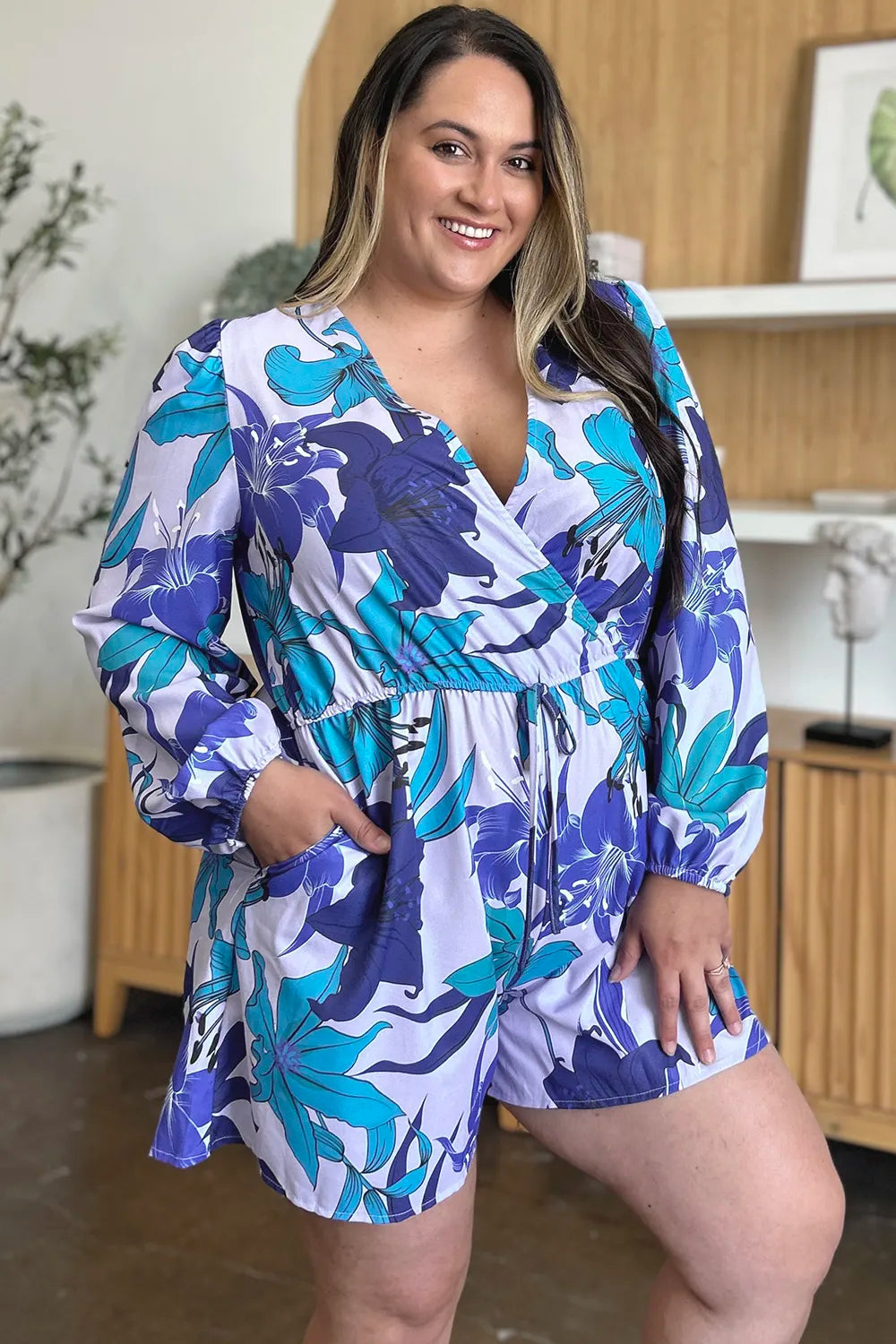 Floral Long Sleeve V-Neck Romper with Pockets | Relaxed Fit
