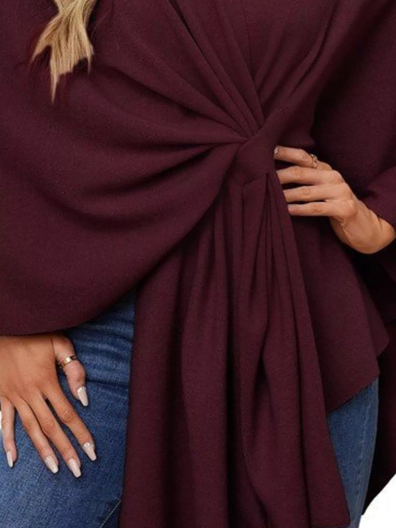 Solid Color Tie-Front Knit Cape Top