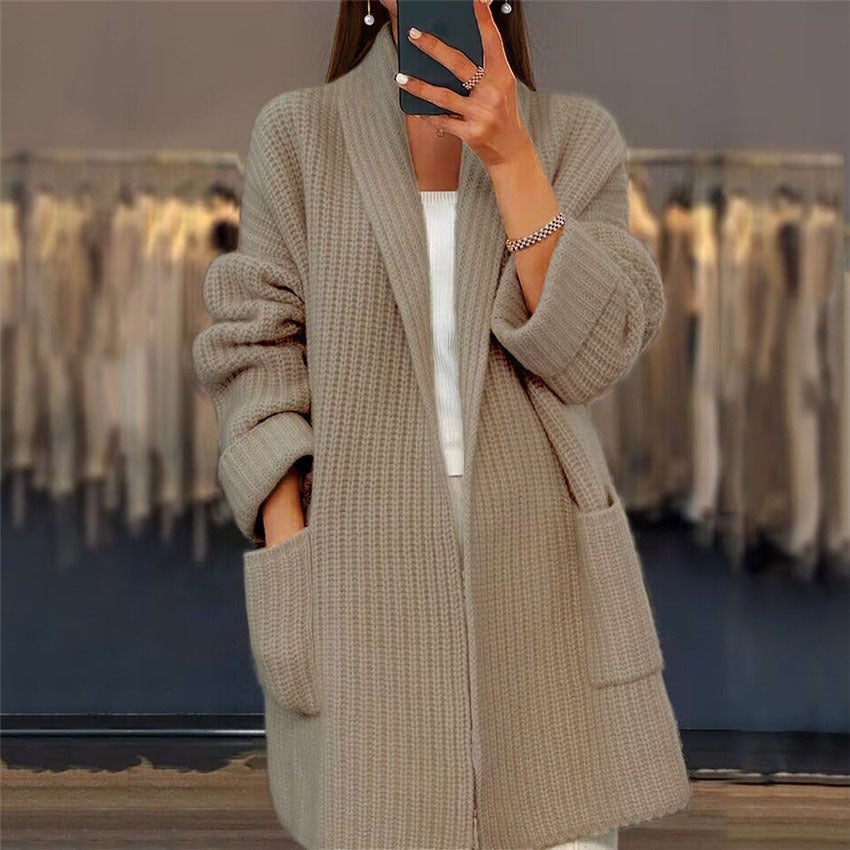 Women's Loose Lapel Knitted Cardigan Sweater Jacket with Pockets