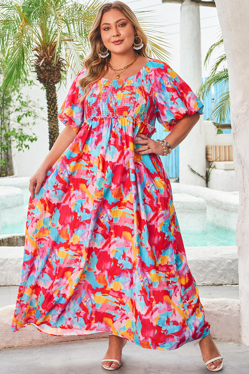 Rose Abstract Printed Puff Sleeve Square Neck Smocked Dress