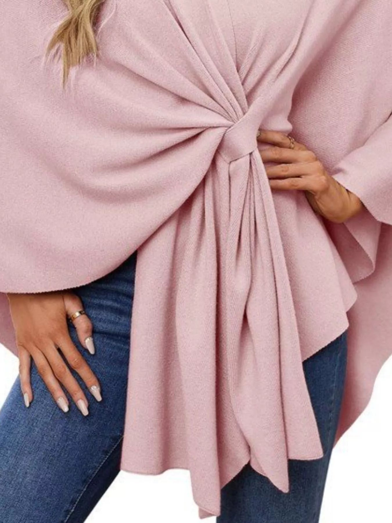 Solid Color Tie-Front Knit Cape Top