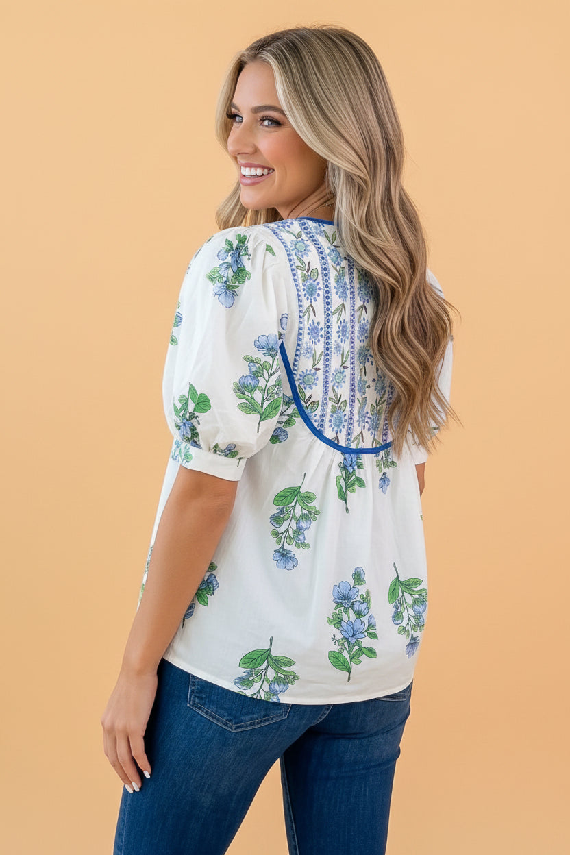 Floral Contrast Trim Tie Neck Blouse with Voluminous Puff Sleeves