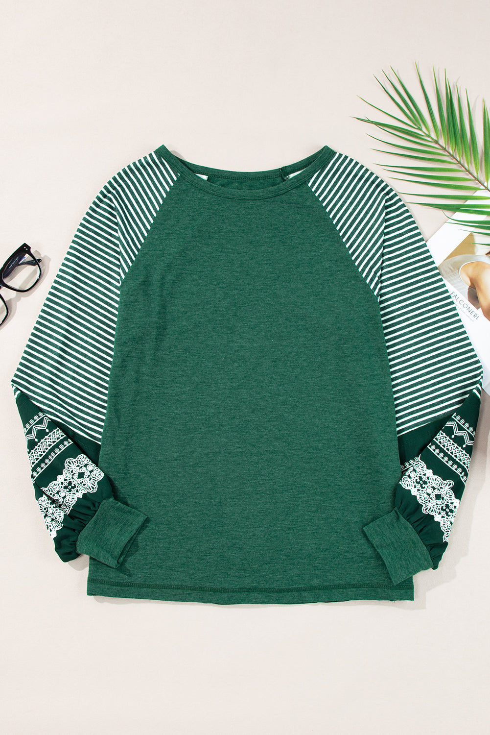 Tillandsia Purple Contrast Print Striped Raglan Long Sleeve Loose Top