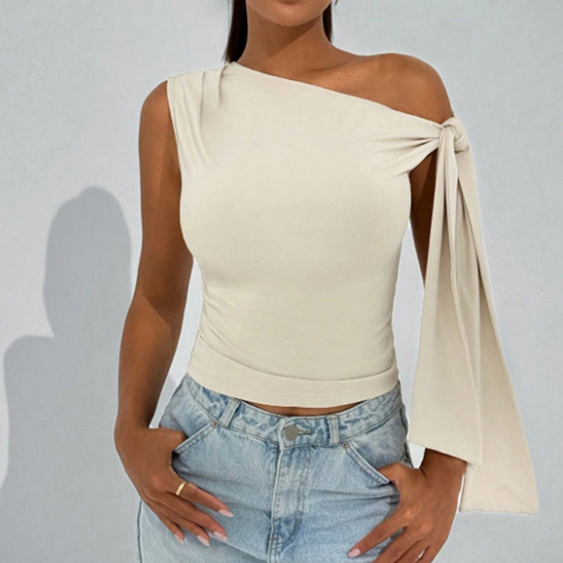 White One-Shoulder Asymmetrical Tie-Shoulder Going Out Party Top